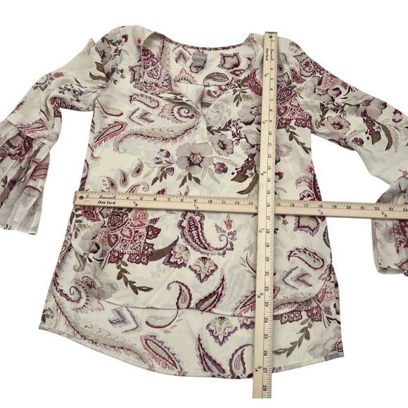 Chicos 0 small Boho Paisley Floral Print Sheer Bell Sleeve Blouse Top - Cream/Pu - Picture 3 of 4
